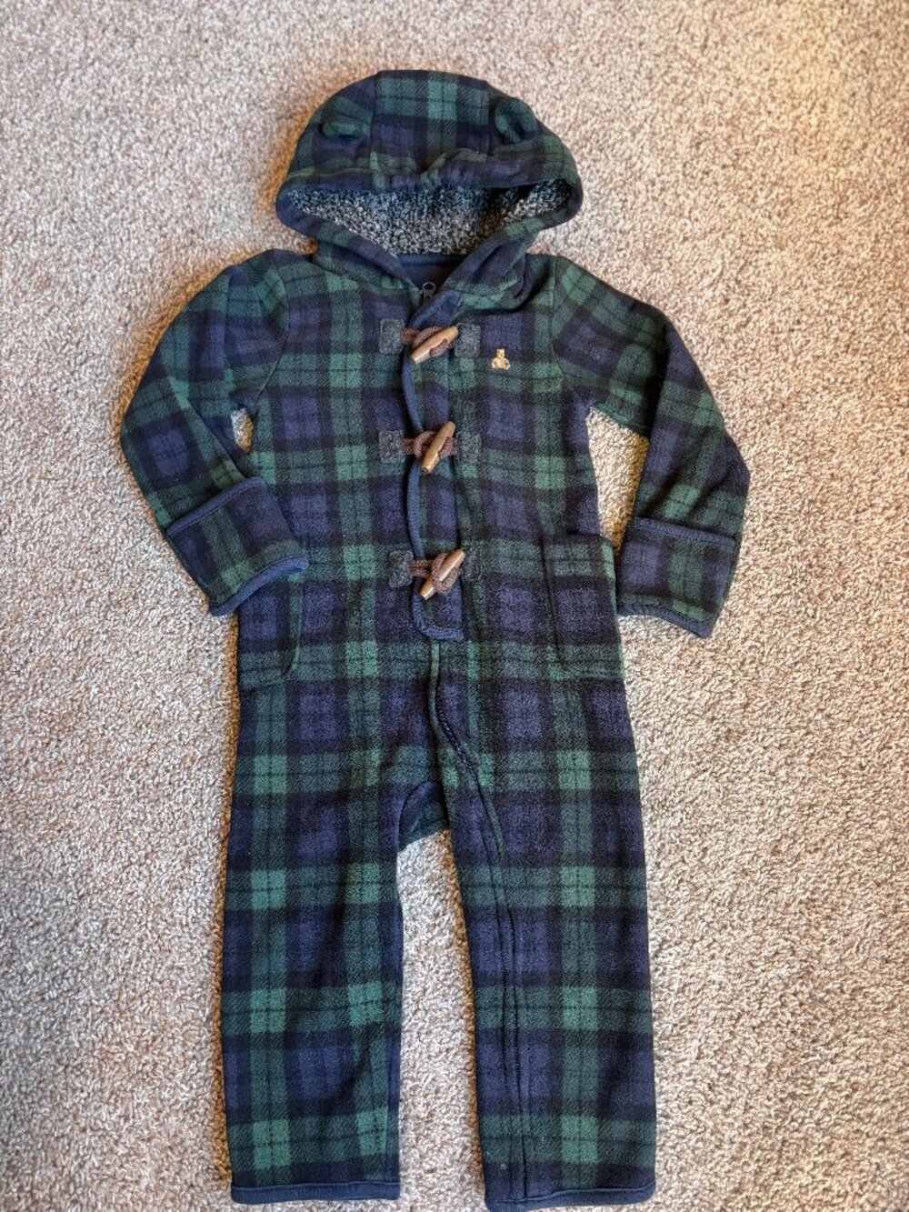 Baby Gap Fleece One Piece Romper 18-24M Green Navy Plaid Hooded Bear Ears